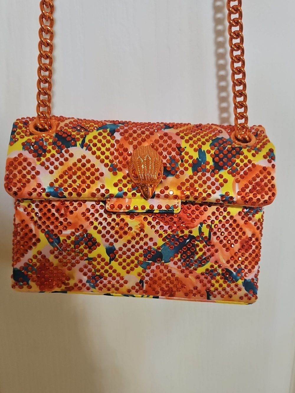 Kurt Geiger Orange Multicolor Crystal-Embellished Chain Crossbody